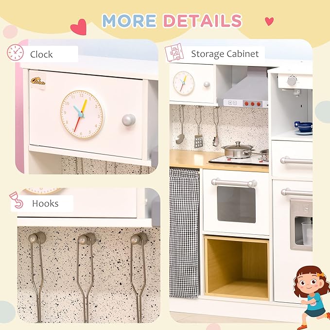 Qaba Kids Wooden Kitchen Playset with Sound Effects and Tons of Countertop Space, Wooden Corner Play Kitchen Set with Washing Machine, Imaginative Toy Pretend Restaurant, Ages 3-6, White