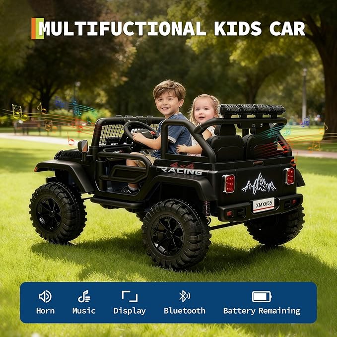 24V Ride on Car for Kids, 2 Seater Electric Truck with Parent Remote Control, Spring Suspension, 2 Speeds, LED Headlight & Music Player, Kids Electric Vehicle for Aged 3-8 Years, Black