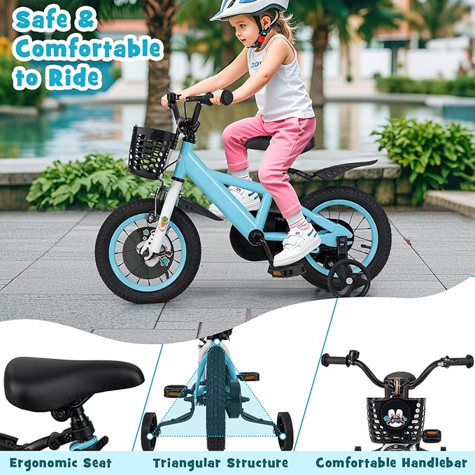 BABY JOY Rabbit Pilot Sporty Kids Bike, 12 14 16 18 Inch Child Bike for 3-8 Years Old with Adjustable Height, Training Wheels, Storage Basket, Handbrake & Coaster Brake, Kids Bicycle for Girls Boys
