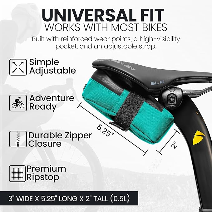 Signature Bike Saddle Bag – Aqua | 0.5L Bike Seat Bag (3" x 5.25" x 2") | Water-Resistant Ripstop, Waterproof Zipper, Internal Pocket | Durable Under Seat Storage