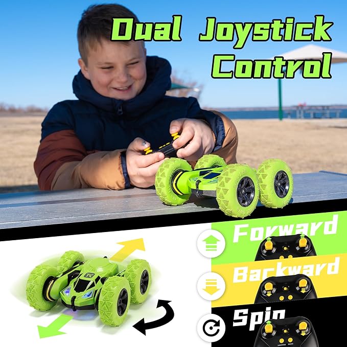 Threeking RC Stunt Cars Remote Control Car Double-Sided Driving 360-degree Flips Rotating Car Toy, Green