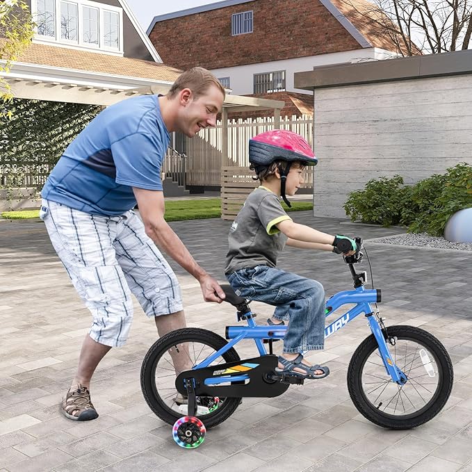 COSTWAY 16”/18” Lighted Kids Bike, Children Sport Bicycle with LED Light-up Frame, Adjustable Saddle, Training Wheels, Handbrake & Coaster Brake, Kids Riding Bike for 4-7/4-8 Years Old Boys & Girls