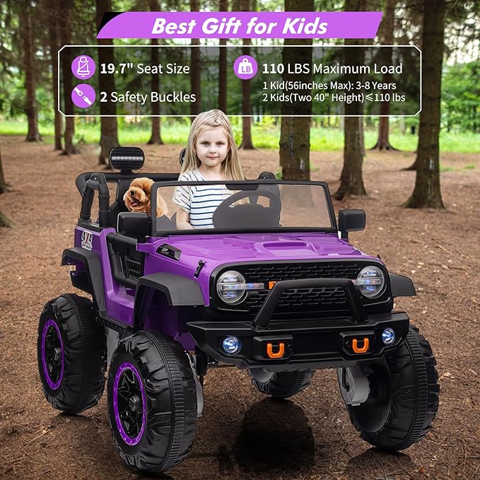2 Seats 24V Kids Ride on Truck with Remote Control, Battery Powered Electric Ride Car Toy for 3-8 Years, 4 Motors,20" Seat Width for 2 Seaters, LED Light,Music,High/Low Speeds,Shovel, USB