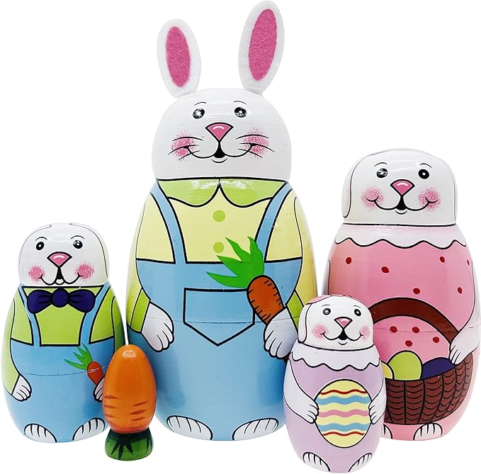 Cute Cartoon Rabbit Nesting Dolls Wooden Matryoshka Russian Doll Handmade Stacking Toy Set 5 Pieces for Kids
