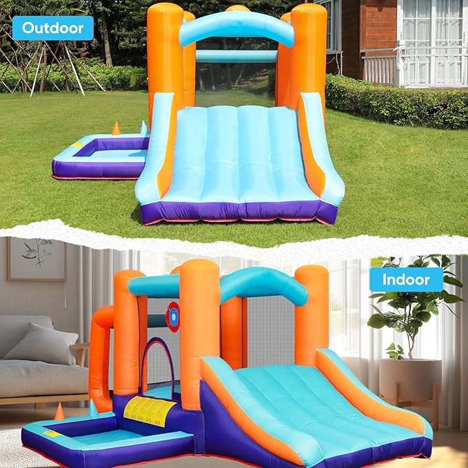 TABU Inflatable Bounce House with Slide, Kids Bounce Castle for Indoor Outdoor Play, Jumping Castle with Air Blower, Ball Pit Pool, Basketball Hoop & Football Goal, for Kids Aged 3-8 (158x116x72.8IN)