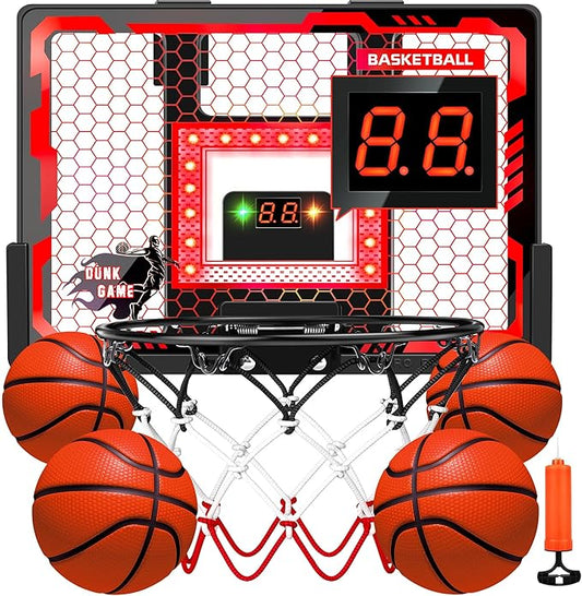 Indoor Basketball Hoop Pro, Mini Basketball Hoop Over The Door with LED Light/Scoreboard/4 Balls- Upgraded Anti-Impact Backboard, Basketball Toys Gift