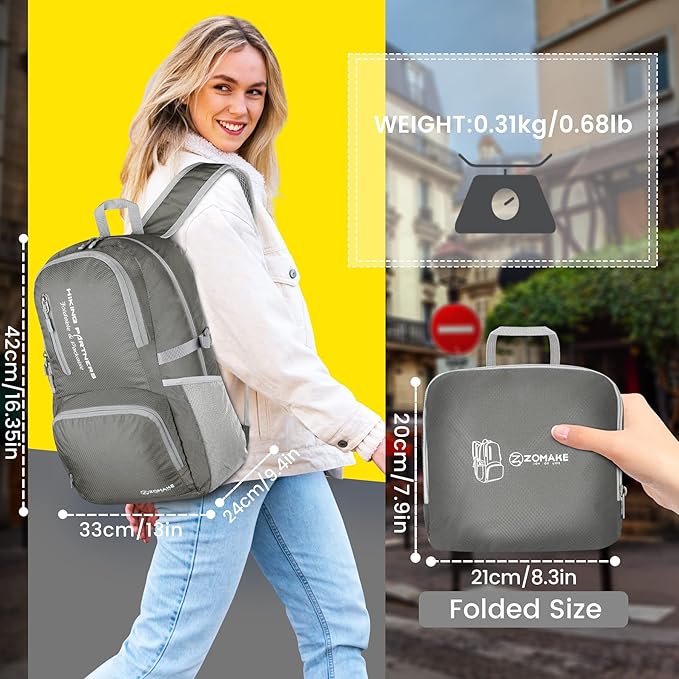 ZOMAKE Lightweight Packable Backpack - 35L Light Foldable Hiking Backpacks Water Resistant Collapsible Daypack for Travel(Dimgray)