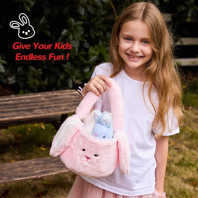 7 Piece Plush Stuffed Animals Playset Toys with Rabbit, Chick, Lamb, Carrot, Egg, Flower, Furry Bag, Soft Basket Set Toys for Girls Kids Ages 3+, Birthday Christmas Valentines Easter Party Favors