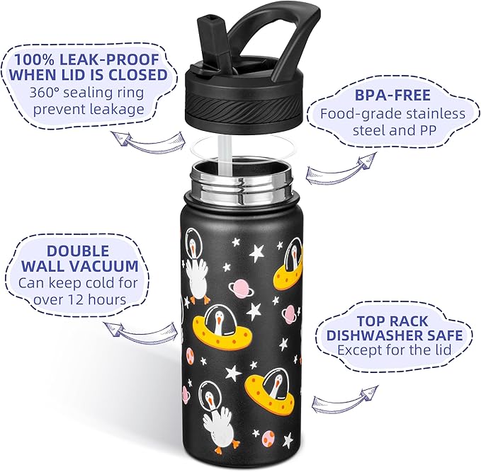 Fanhaw 18 Oz Kids Insulated Water Bottle with Straw - Stainless Steel Double Wall Vacuum Cup, Leakproof, BPA Free, Suitable for Boys and Girls(Black - Duck in Space)