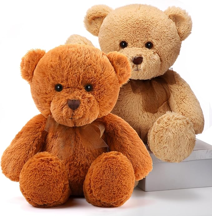 HyDren 2 Pack Plush Bear Stuffed Animals 18 Inch Cuddly Stuffed Bear Plushies with Bow for Birthday Gifts Baby Shower Party Favor Decors Operation Christmas Bulk(Light Brown,Brown)
