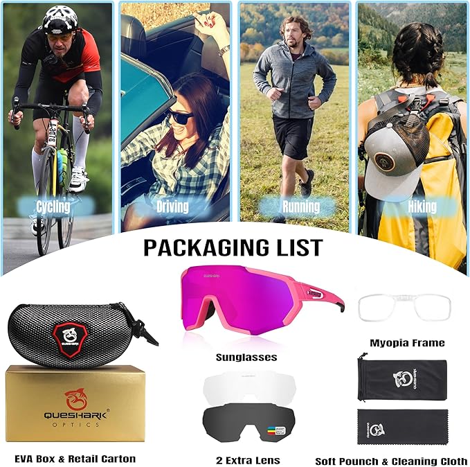 Queshark Cycling Glasses, Sports Sunglasses for Men Women, 1 Polarized 2 HD Lens, Polarized Sunglasses for Cycling Running
