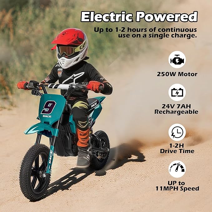 24V Electric Dirt Bike for Kids 6-12- Max 11 MPH & 10 Miles Long-Range, 250W Electric Motorcycle with Twist-Grip Throttle, 12" Knobby Tires, Spring Suspension, Music (Green)