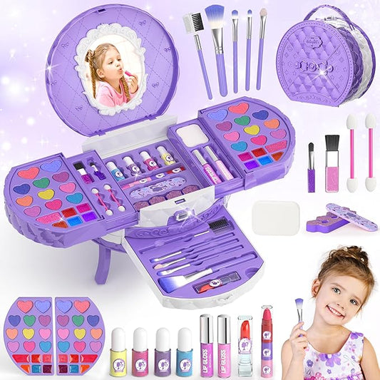 PERRYHOME Kids Makeup Sets for Girls 5-8, 57 Pcs Washable Real Cosmetic Set, Non-Toxic Toddler Makeup Toys, Girls Makeup Kit, Princess Toys & Birthday Gifts for 3 4 5 6 7 8+ Years Old (Purple)