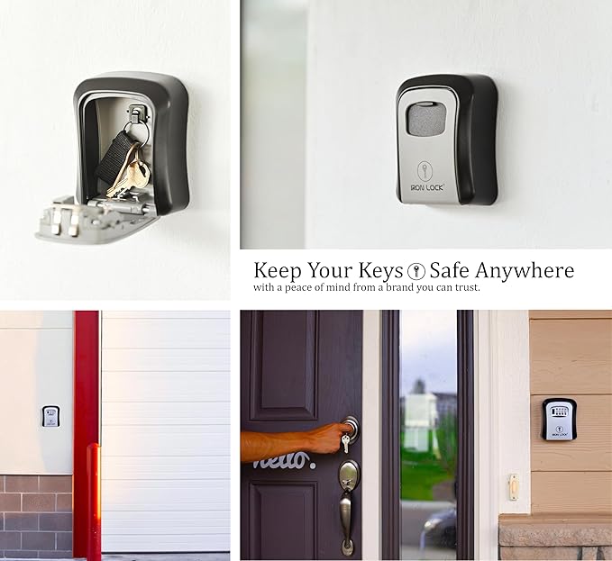 Iron Lock® Wall Mount Key Lock Box for Keys 4 Digit Combination with Resettable Code with A B Switch Indoor Outdoor Waterproof House Key lockbox for Spare House Keys 5 Capacity (Medium, Grey)
