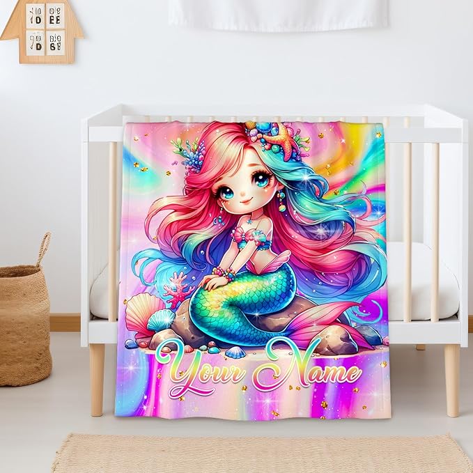 Personalized Blanket Gifts for Girls, Mermaid Throw Blanket for Kids Teens, 80"x60" Custom Cute Blankets for Couch Sofa Bed Mermaid Stuff Bedroom Decor