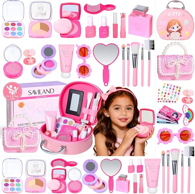 SAVILAND Pretend Makeup for Kids 27 PCS: Playful Fashion Fake Makeup Toxic-Free Toy Makeup for 3-8 Year Girls No-Mess Kids Pretend Makeup Kit Birthday Not Real Makeup