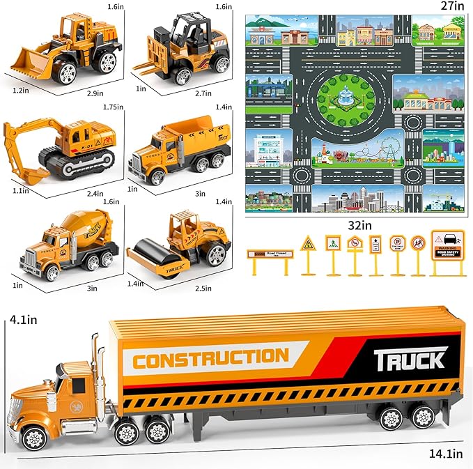 Construction Toys for 3 4 5 6 Years Old Boys Girls Kids, Die Cast Metal Truck Toys W/Play Mat, Sand Toys Trucks Excavator, Dump Truck, Road Roller, Cement Mixer, Car Toys Set for Kids Toddler