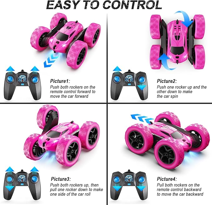 RC Cars, Rose Remote Control Car for Girls, 2.4 GHZ Double Sided RC Stunt Car 360° Rotating Remote Control Crawler with Headlights Car Toys for 6 7 8 9 10 11 12 Girls Birthday Gift