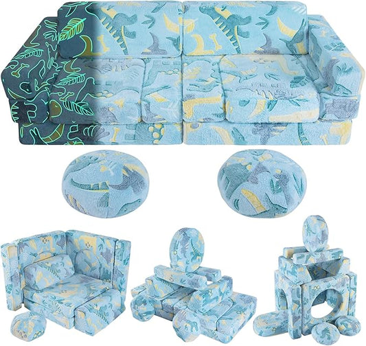 13 PCS Kids Play Couch, Modular Kids Play Couch,Glowing Toddler Couch, Kid Play Couch Sofa for Playroom and Bedroom (Blue)