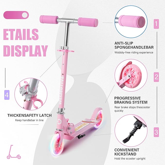 Kick Scooter for 3+Years Old Boys & Girls Lightweight, Foldable, Aluminum Frame, and Adjustable Handlebars, Rear Brake, and Flashing Light up Wheels