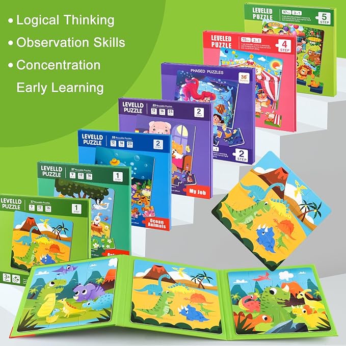 ASTARON Magnetic Puzzles for Toddlers, 16-20-25 Pieces Dinosaur Land Learning Magnet Puzzles for Road Trip, Educational Travel Toys Car Plane Activities for Kids, Kids Birthday Gifts