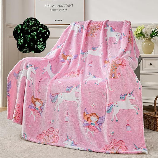 QSTEHEML Unicorns Glow in The Dark Blanket for Girls,Unicorns Gifts for Girls Age 3 4 5 6 7 8 9 10 11 12 Year Old, Soft Throw Blanket for Kids Girls- Christmas Birthday Bedroom Decor 50"×60"