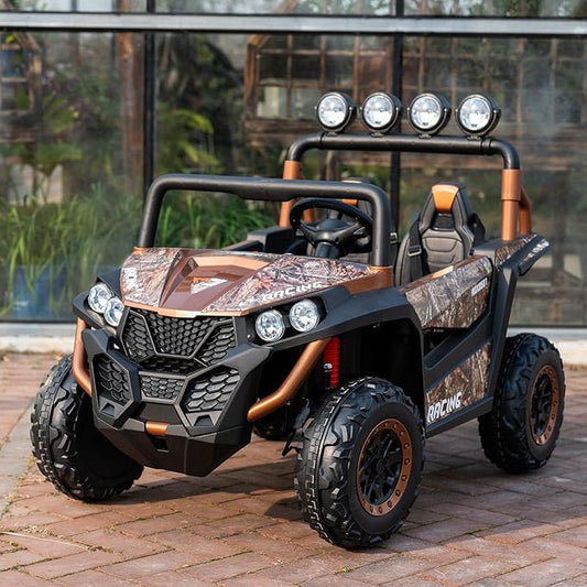 24V 2-Seater Kids Ride-On UTV, 4WD Electric Car with Parent Remote Control, 4x200W Motor, LED Headlights & Searchlights, Bluetooth Music, Spring Suspension, 3-Speed Off-Road Toy Gift, Copper
