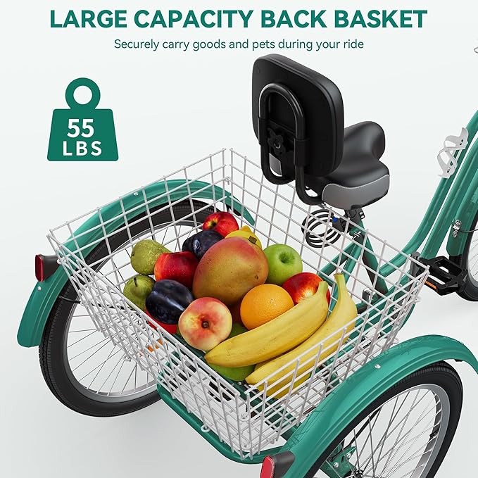 YITAHOME 24 & 26 Inch Adult Tricycle, 1 & 7 Speed 3 Wheel Bikes, Large Seat with Backrest Trike for Adults with Front & Rear Baskets, Cruiser Bike for Seniors Women Men Commute Picnic Outdoor