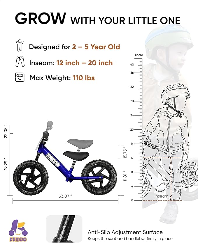 KRIDDO Toddler Balance Bike 2 Year Old, Age 18 Months to 5 Years Old, 12 Inch Push Bicycle with Customize Plate (3 Sets of Stickers Included), Steady Balancing, Gift Bike for 2-3 Boys Girls, Blue