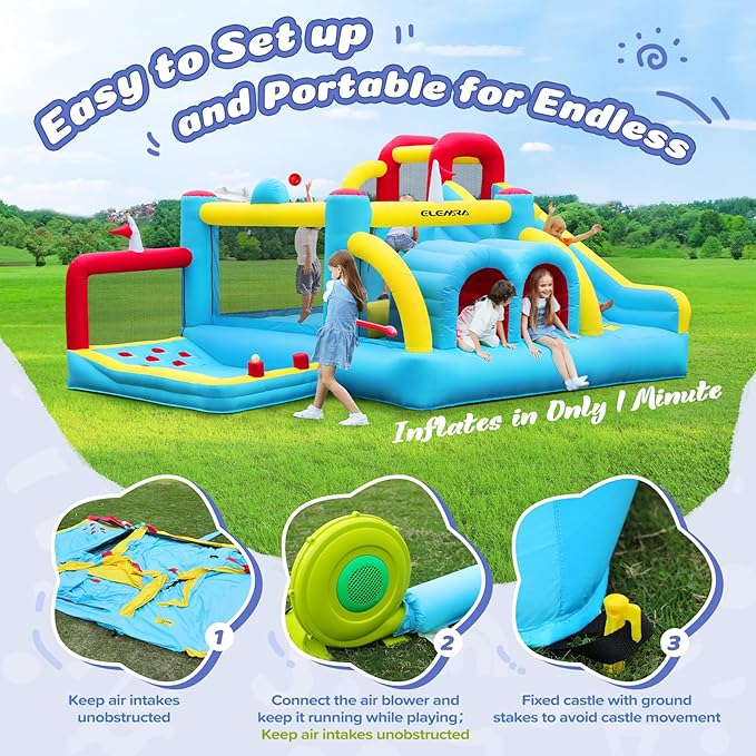 ELEMARA 7 in 1 Inflatable Bounce House, 15x12’XL Golf Inflatable Bouncer with Blower, Bounce House with Slide,Golf Area, Double Tunnels,Climbing Wall, Jumping Castle, Holds 6 Kids