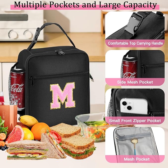 Initial Insulated Lunch Bag, Lunch Box with Initial Letter Patch for Teen Adult, Reusable Lunch Bag for Men Women, Ideal Back to School Gift Birthday Gift, Pink M