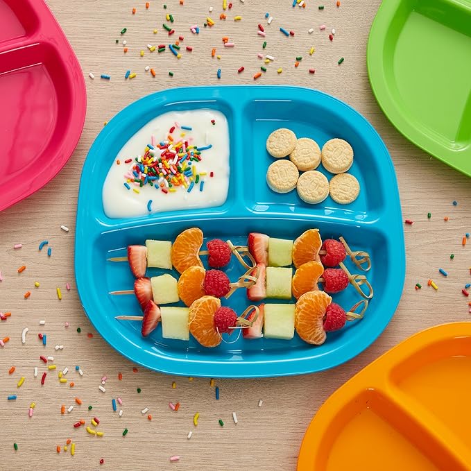 US Acrylic Harmony 3-compartment Divided Plastic Kids Tray in 4 Calypso Colors | set of 12 Reusable, BPA-free Plates, Made in the USA, Microwave & Dishwasher Safe Dinnerware