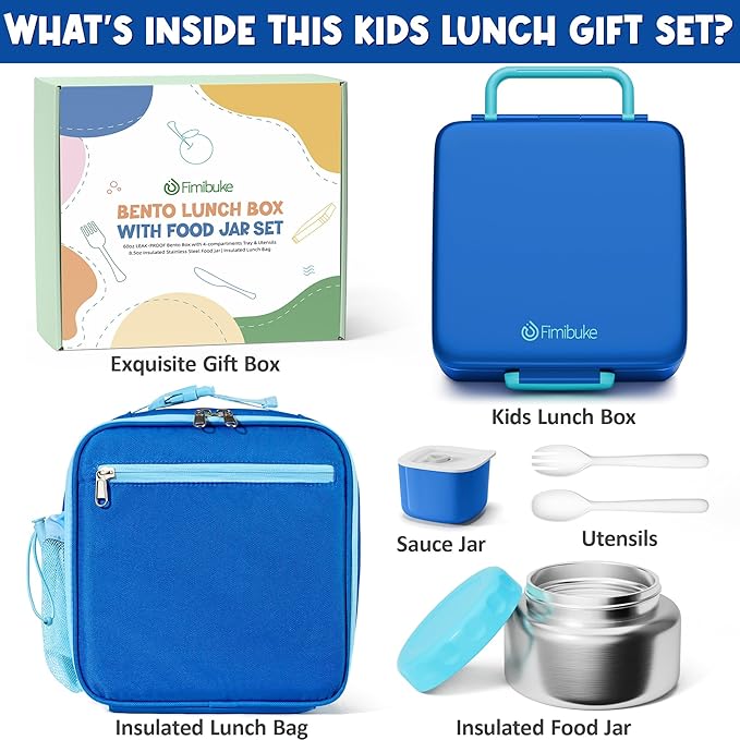 Fimibuke Bento lunch Box Set for Kids Adult with 8oz Insulated Food Jar, Lunch Bag & Sauce Cup, Leakproof Dishwasher Safe Toddler Lunch Food Container with 3-4 Compartment for School Girls Boys