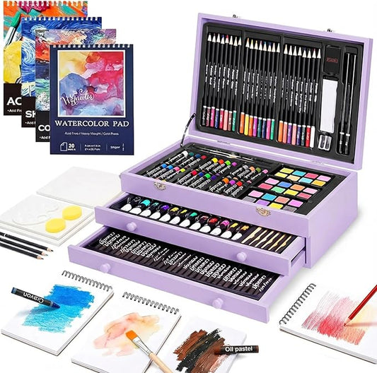 194 Piece Deluxe Art Set, Painting Drawing Art Supplies with 4 Drawing Pads, Acrylic Paints, Crayons, Colored Pencils Set in Wooden Case, Art Kit Gift Box for Kids, Teens, Adults, Artists, Beginners