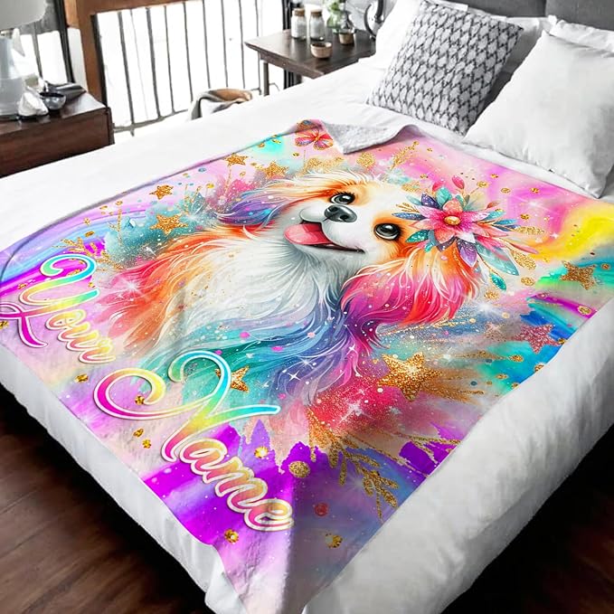 Personalized Blanket for Girls Dog Throw Blanket Gifts for Kids Teens, 60x50 Inches Custom Lightweight Flannel Blankets Throws for Couch Sofa Bed