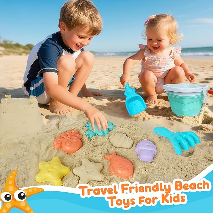 USATDD Beach Toys for Kids with Collapsible Bucket, Sand Molds Rake and Shovel, Collapsible Beach Bucket Travel Sand Toys for Toddlers Kids