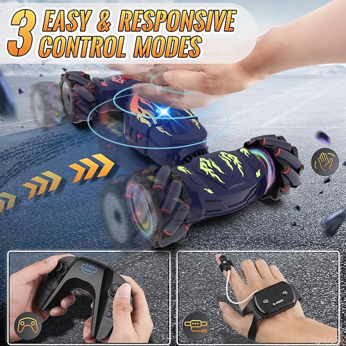 Pristar RC Cars, Gesture Sensing RC Stunt Car Toys for Boys Girls 6-12, 2.4Ghz 4WD Remote Stunt Car with Spray Lights Music 360° Rotate Fast Off-Road Transform, Birthday Xmas Gifts for Kids Age 6-12
