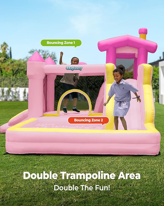Inflatable Bounce House, Large Bouncy Castle for Kids with Slide, Outdoor & Indoor, 450W Blower - Pink
