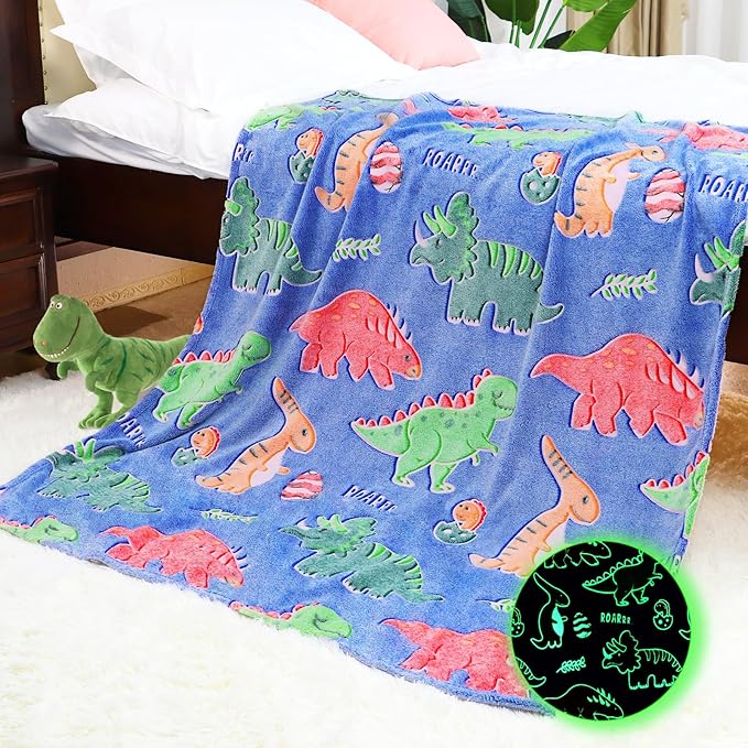 Dinosaur Blanket Glow in The Dark for Boys Girls - Dinosaur Gifts for Kids Birthday Christmas - Dino Toys for Toddlers, Red Green Throw Blanket Decor for Bed Couch 40"x50"
