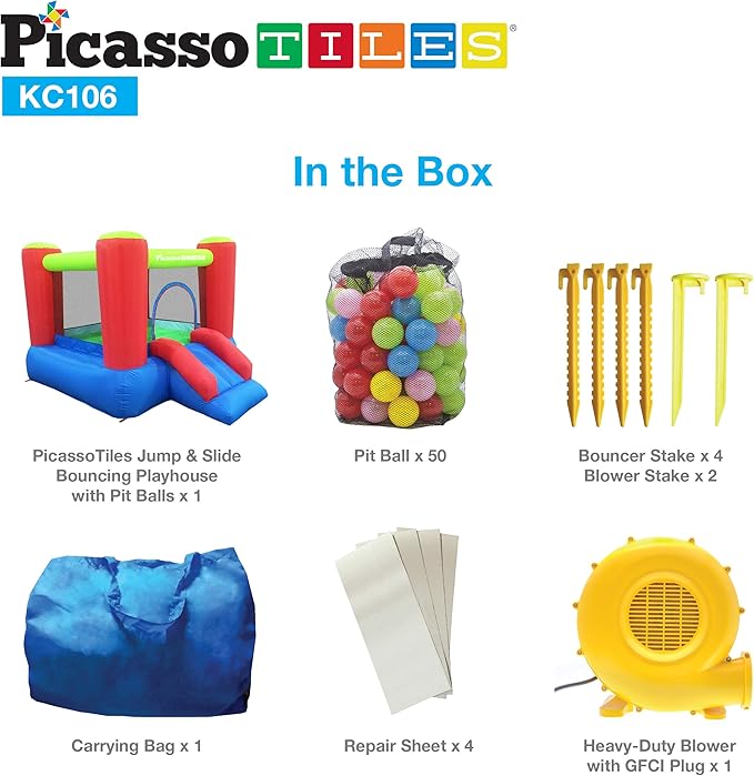 PicassoTiles KC106 8x7 Foot Junior Inflatable Bouncer, Kid Park, Jumping Bouncing House, Jump Slide Playhouse w/ 50 Pit Balls, 3 Sides Mesh Protection, and Heavy-Duty GFCI ETL Certified 385W Blower