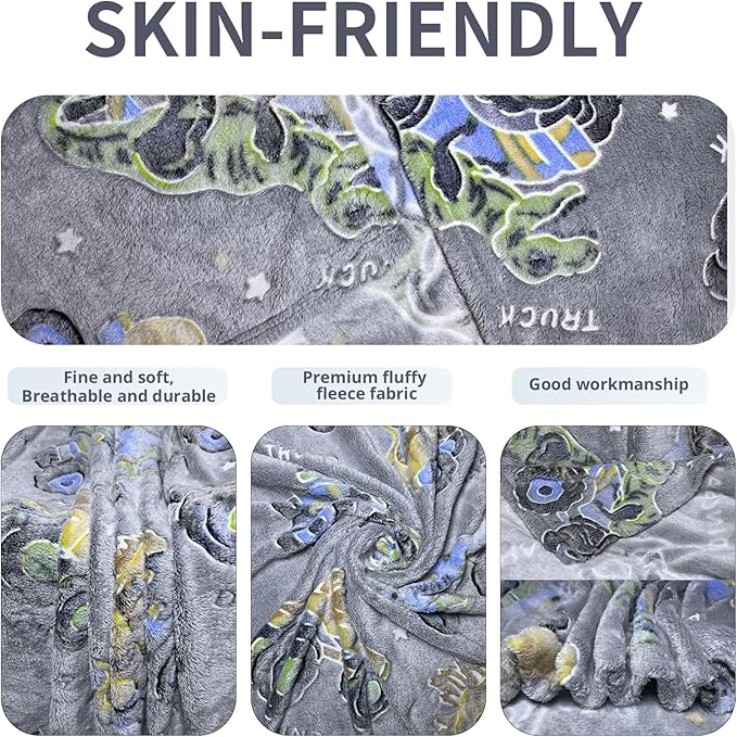 Wesan Dinosaur Glow in The Dark Blanket Boys Dino Toys Kids Shark Truck Toy for Teens Children Birthday Easter Gift Fun Fluffy Plush Throw Gray 50"x60"