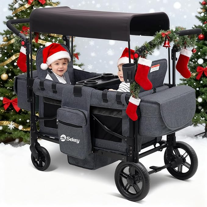 Sekey Wagon Stroller for 2 Kids, Luxury 4-in-1 Stroller Wagon - Premium Quality with Convertible Seats, Adjustable Push Handles, Removable Canopy, Snack Tray & Cooler, US Certified