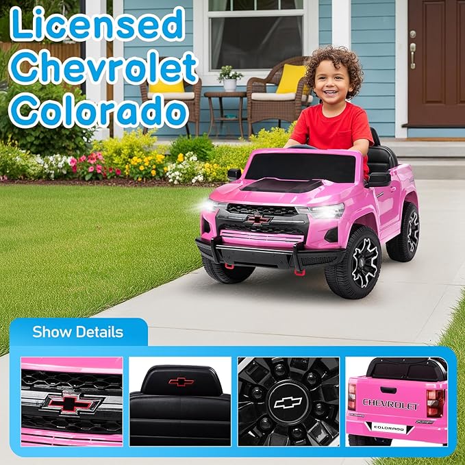 Winado Licensed Chevrolet Colorado Electric Car for Kids, 12V Ride on Toys for Toddlers with Remote Control, Battery Powered Electric Car Ride On Vehicle w/Bluetooth, Soft Start, LED Lights - Pink