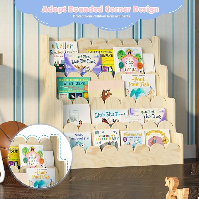 NACHES Wood Kids Bookshelf Scalloped Montessori Toddler Nursery Bookcase Baby Book Magazine Display Shelf 4 Tier Front Facing Children Book Rack Toy Organizer Girl Boy Bedroom Classroom Playroom