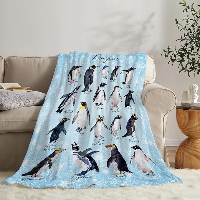 Penguin Blanket Cute Penguins Throw Blankets for Girls Boys Animal Plush Cozy Flannel Fleece Ultra Soft Fuzzy Snowflakes Party Blanket for Bed Couch Sofa 50"X40"