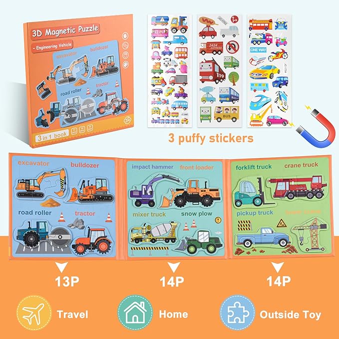 ASTARON 3D Magnetic Puzzle with 60 Puffy Stickers for Toddlers, 41 Pieces Construction Vehicles Toddler Puzzles Preschool Education Learning Travel Toys Car Plane Activities for Kids Quiet Time