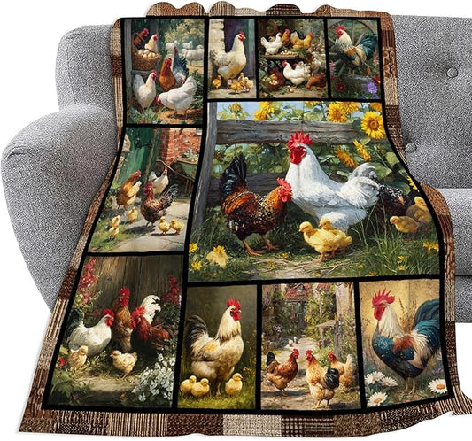 Farmhouse Rooster Throw Blanket Ultra Soft Farm Country Chicken Flannel Blanket Lightweight Cozy Blankets Gift for Women Men Couch Sofa Bed 60" x 50"