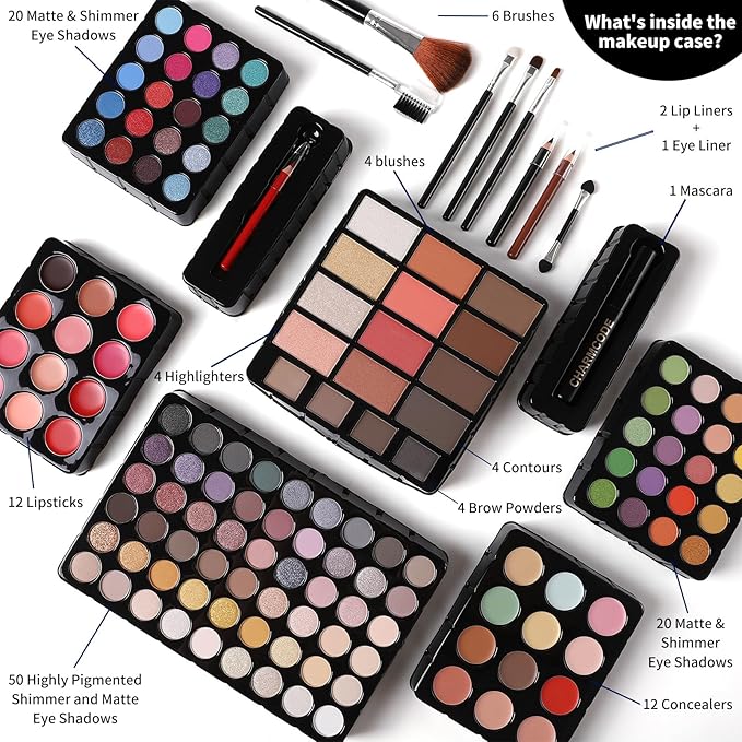 Makeup Gift Set For Women Girls, All in One Full Makeup Kit with Eyeshadow, Lip Gloss, Concealer, Blush, Contour, Highlighter Brushes Liquid Lipsticks Eyebrow Pen Mascara Eyeliner Pencil (Black Set)