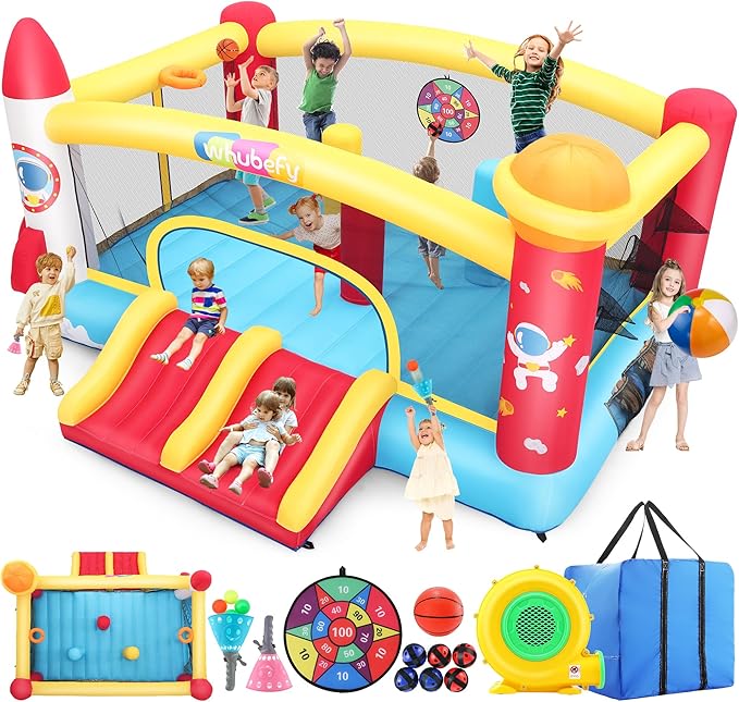 Whubefy Inflatable Bounce House Double Slide for Big Kids 3-6 8-12 with 3 Punching Bag Large Space Rocket Blow Up Bouncy Castle Obstacle Course 13.1x11.2x7.1ft w/Blower Indoor Outdoor Fun