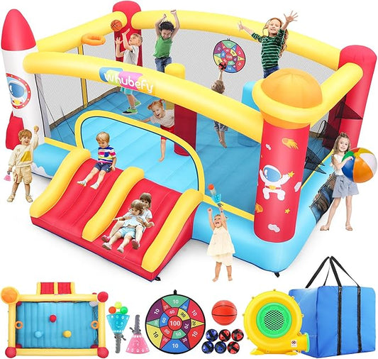Whubefy Inflatable Bounce House Double Slide for Big Kids 3-6 8-12 with 3 Punching Bag Large Space Rocket Blow Up Bouncy Castle Obstacle Course 13.1x11.2x7.1ft w/Blower Indoor Outdoor Fun